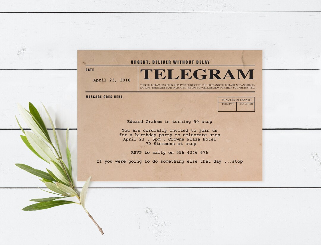 Telegram Printable Birthday Invitation Digital File Vintage Rustic Old