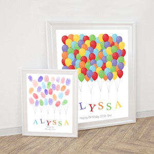 Póster personalizado con nombre de niño y globos para libro de visitas - Arte infantil personalizado - Regalo para el primer cumpleaños - Póster con firma o huella dactilar