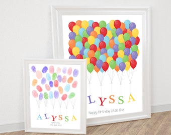 Personalised Child's Name Print with Balloons Guest Book Poster - Custom Nursery Art - First Birthday Gift - Signature or Fingerprint Poster