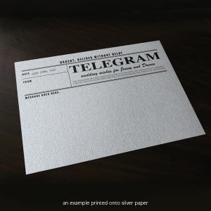 Telegram design to write message to bride and groom printed on silver card stock