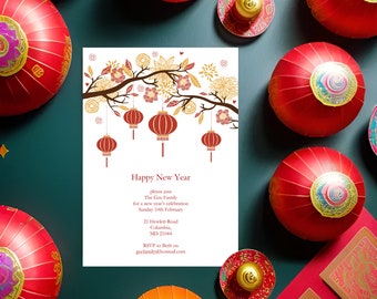 chinese new year invitation - printable file - lantern tree asian diy editable party invite, instant download, birthday invite, dinner party