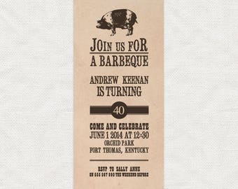 rustic vintage birthday party bbq milestone invitation - printable file 40th 50th 60th barbecue barbeque pig adult men unique invite custom