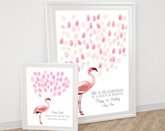 flamingo baby shower fingerprint guest book balloon - personalised printable file, tropical girls birthday party guestbook, keepsake art