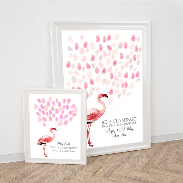 flamingo baby shower fingerprint guest book balloon - personalised printable file, tropical girls birthday party guestbook, keepsake art
