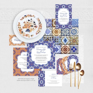 Set di cancelleria decorativa per matrimonio, suite di inviti - stampabile fai da te per matrimonio - invito con piastrelle spagnole del Portogallo per ricevimento o cerimonia blu e viola