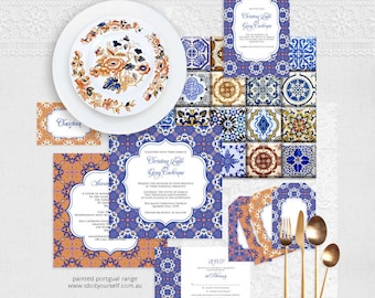 decorative wedding stationery set, invitation suite -diy wedding  printable - portugal spanish tile invite reception or ceremony blue purple