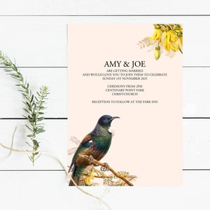 Einladung zur Hochzeit in Neuseeland, Tui Vogel Kowhai - druckbares Pdf - Neuseeland Einladung, Hochzeit im Freien, botanische Einladung, Gartenhochzeit