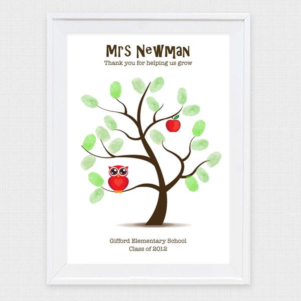 teacher appreciation fingerprint tree - printable file - gift for the teacher, teacher thank you classroom gift, apple owl, personalized diy