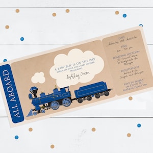 Invitation billet baby shower train à vapeur - fichier imprimable bricolage - carte d'embarquement fête d'anniversaire garçons bleu personnalisé, invitation baby shower garçons