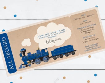 baby shower ticket invitation steam train - diy printable file - boarding pass boys birthday party customised blue, boys baby shower invite
