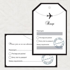 May include: A black and white RSVP card with a plane icon and the text "Risup". The card has a section for passengers, a checkbox for "The bags are packed", a checkbox for "Sorry, lost my passport", and a section for dietary requirements. The card also has a blue stamp with the text "Please Reply By This Date 05.01.15".
