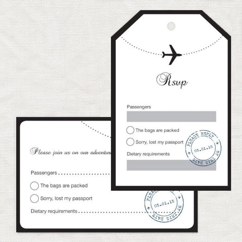 May include: A black and white RSVP card with a plane icon and the text "Risup". The card has a section for passengers, a checkbox for "The bags are packed", a checkbox for "Sorry, lost my passport", and a section for dietary requirements. The card also has a blue stamp with the text "Please Reply By This Date 05.01.15".