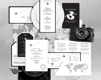 Printable wedding stationery set invitation suite aviation destination travel invite reception ceremony package military - come fly with me