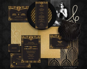 gorgeous gatsby wedding stationery set printable invitation suite 1920s art deco invitation invite, reception or ceremony package