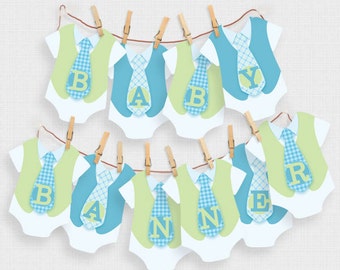 printable baby shower decorations banner - alphabet one piece and ties - blue, green, baby boy shower decor, diy download, its a boy sign