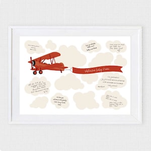 Libro de visitas para baby shower de niños con biplanos - Imprimible DIY - Firma, avión biplano, cumpleaños infantil, recuerdo de arte de aviación para guardería