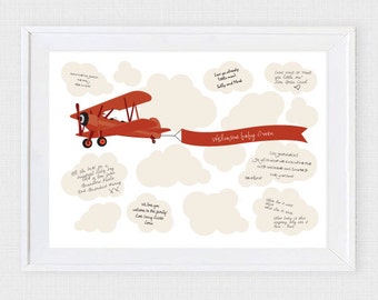 biplane boys baby shower guest book - printable diy - signature, bi plane airplane, children's kids birthday, aviation nursery art keepsake