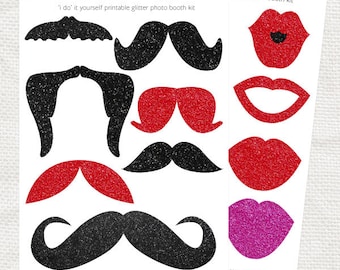 26 printable glitter photo booth props - diy printable file moustache on stick designs lips glasses and hats instant download red pink black