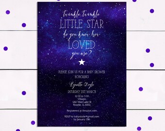 starry night baby shower invitation or birthday invitation - printable - twinkle little star, personalised customised shower invite, space