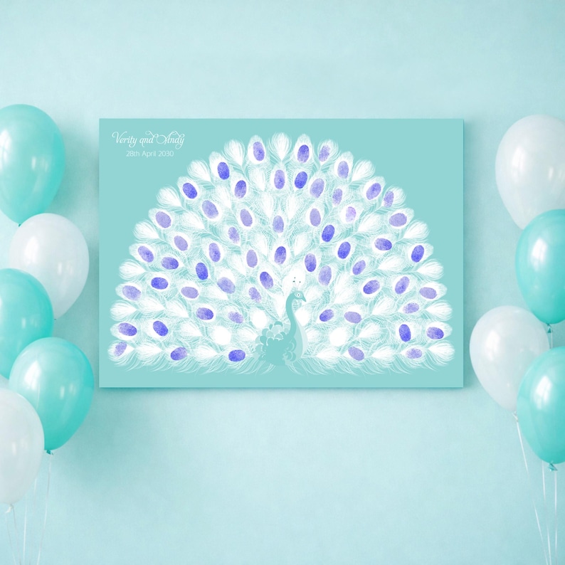 May include: A teal-colored canvas print featuring a peacock design. The peacock's feathers are composed of white and purple fingerprints. The print includes the text "Verity and Olufemi" and the date "28th April 2020".