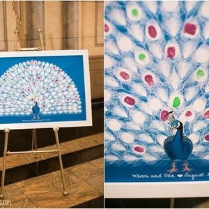 A personalised wedding peacock poster on display at a wedding with guests fingerprints on it
