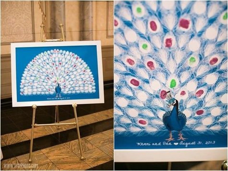 A personalised wedding peacock poster on display at a wedding with guests fingerprints on it