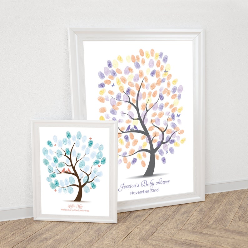 Baby Shower Fingerprint Guest Book Tree Printable Thumbprint Birds Butterflies Nest Family New Baby Christening Gender Neutral Girl Boy