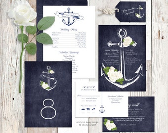 wedding invitation suite printable nautical rose floral sea invite, reception decor or ceremony package set diy - anchors away/aweigh design