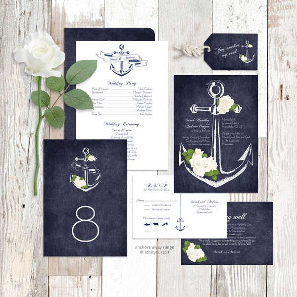 wedding invitation suite printable nautical rose floral sea invite, reception decor or ceremony package set diy - anchors away/aweigh design