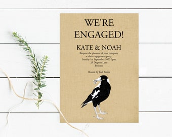 rustic engagement announcement magpie burlap hessian - diy PRINTABLE file - bird wedding invite, aussie wedding, country australian wedding