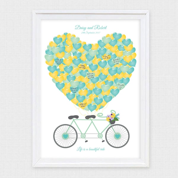 tandem bike guest book  - printable -  bicycle wedding signature guestbook alternative, engagement, balloon, personalised poster sign in art