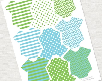 green and aqua blue baby shower decorations - printable downloadable - baby banner garland or tags, patterns, baby boy baby girl diy decor