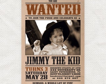 cowboy kids birthday party invitation wanted poster - diy printable - wild west, cowgirl, customised, photo invite, country, western, farm