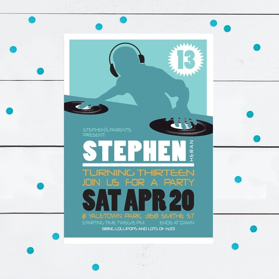 Teen Birthday Invite Dj Disco Dance Party Printable Invitation Birthday Party Invitation Teenager Child Kids Party Music 13th 14th 15th