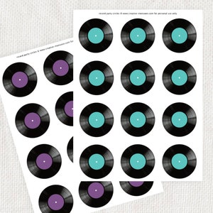 May include: Printable sheet of 18 black and white record party circles. The circles have a purple or turquoise center.