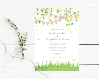 printable wedding invitation garden fete - outdoor wedding, spring summer bunting, greenery, do it yourself invite diy, flowers leaves grass