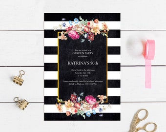 decorative floral wedding invitations editable - printable pdf - chalk roses botanical illustration flowers striped stripes, fancy invites