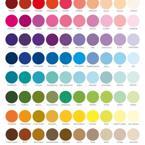 May include: A chart of 100 different color swatches with names for each color. The colors are arranged in rows and columns, and the names are printed below each swatch.