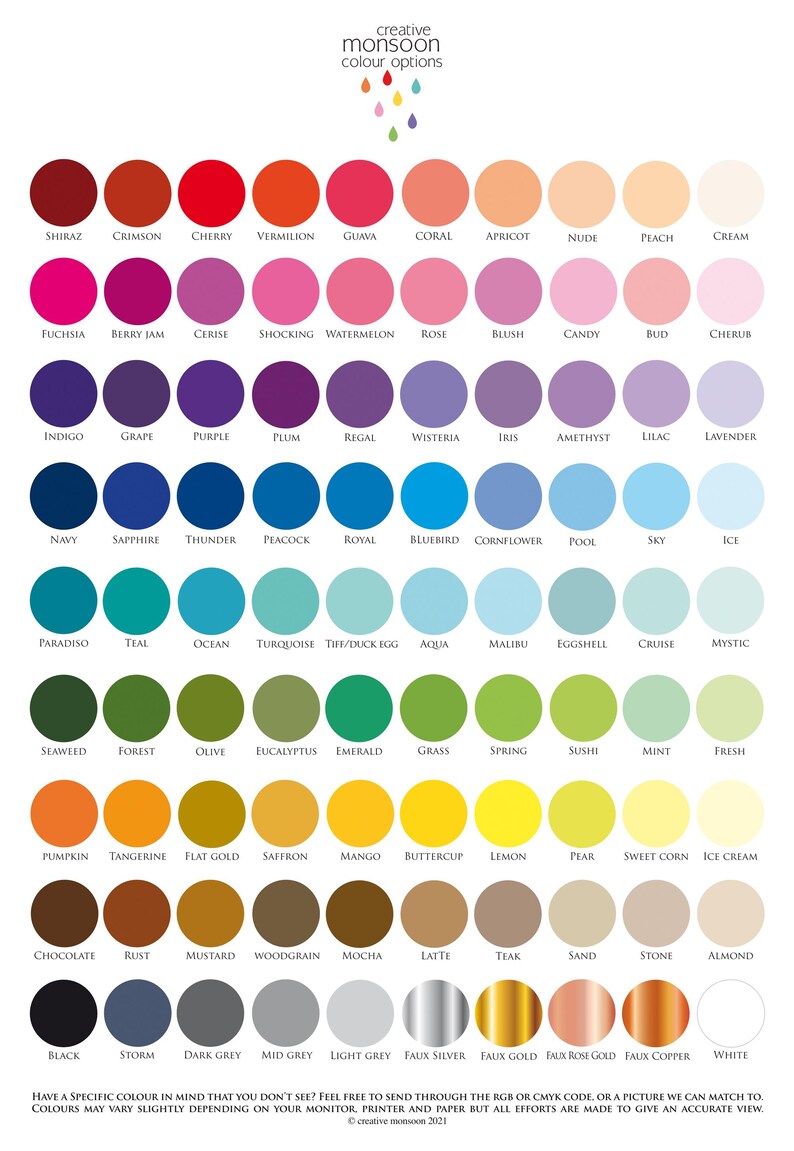 May include: A chart of 100 different color swatches with names for each color. The colors are arranged in rows and columns, and the names are printed below each swatch.