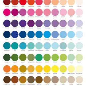 May include: A color chart with a white background, featuring a grid of color swatches with names like "Shiraz," "Crimson," and "Cherry." The chart includes a range of hues, from reds and oranges to blues, greens, and yellows. The text "creative monsoon colour options" is at the top.