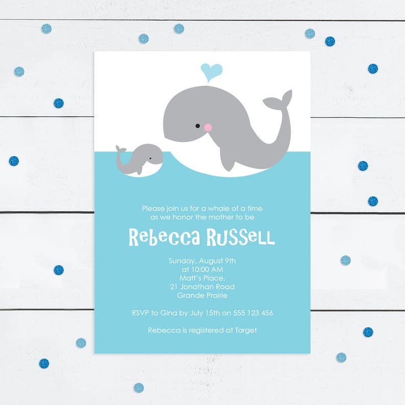 whale baby shower invitation printable file birthday invite party sea blue nautical ocean boy or girl, gender neutral whale themed beach image 1