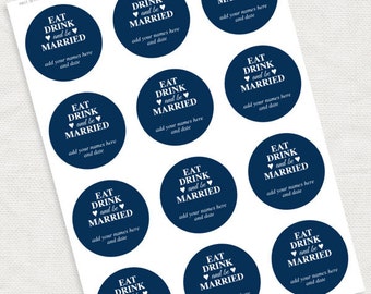 eat drink and be married wedding favor tags - download - diy navy blue, printable stickers, custom decorations, gift tags thank you circles