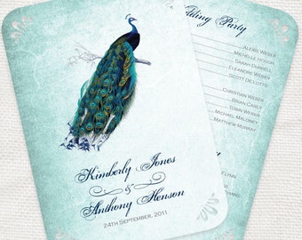 vintage peacock wedding ceremony program fan - printable file