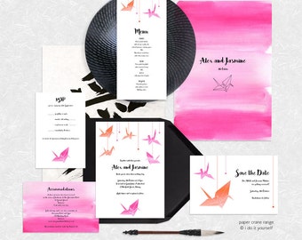 paper crane printable wedding invitation suite - modern japanese inspired invite, reception or ceremony package set origami watercolor ink