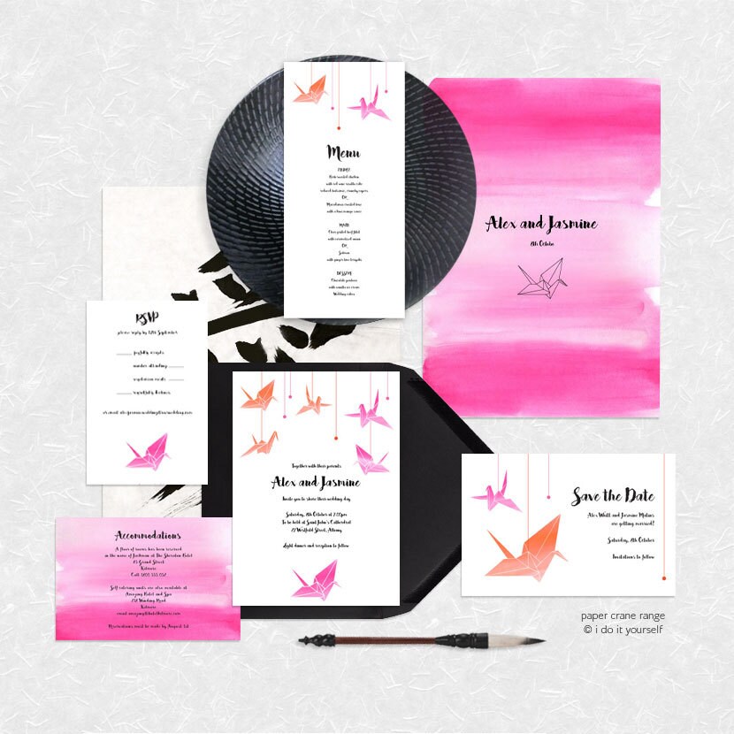 paper crane printable wedding invitation suite - modern japanese inspired invite, reception or ceremony package set origami watercolor ink