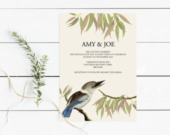 Australian wedding invitation kookaburra and gum leaf - printable pdf - eucalyptus and aussie bird invite, outdoor bush wedding botanical
