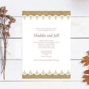 burlap wedding invitation hessian lace rustic country bridal shower - printable editable invite - country chic barn wedding, country wedding