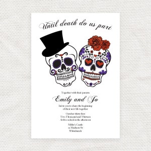 archivo imprimible de invitación de boda con calaveras de azúcar, invitación de fiesta de compromiso de Halloween del Día de los Muertos, día de los muertos, gótico, hasta la muerte,