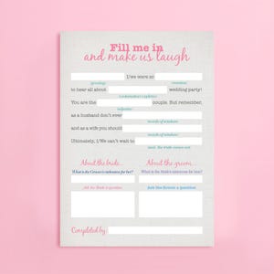 Wedding mad libs game printable card, funny wedding reception game, colourful design, 5x7 printable bridal shower activity
