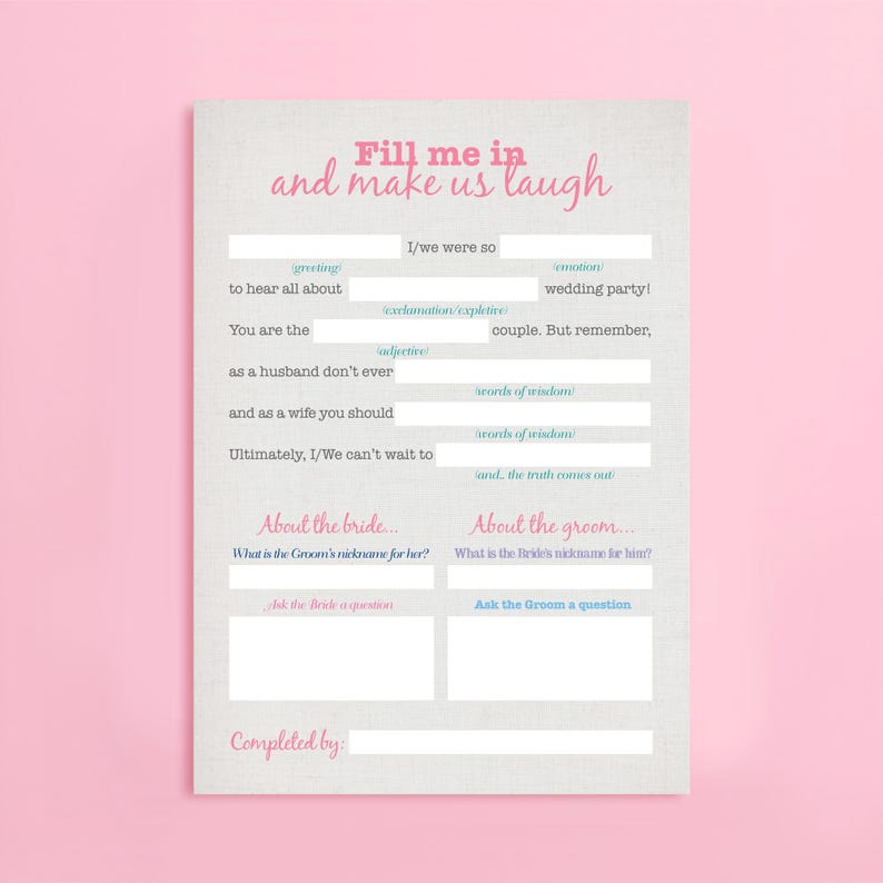 Wedding mad libs game printable card, funny wedding reception game, colourful design, 5x7 printable bridal shower activity